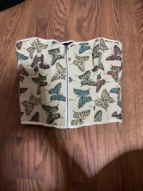 Butterfly Print Strapless Zip-Front Bustier Top - Cream